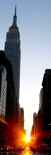 Manhatten street in New York at sunset